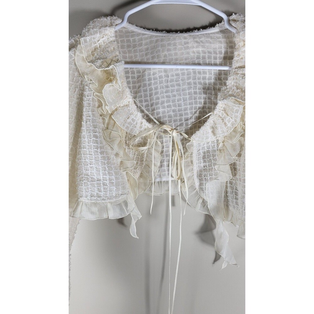 Womens Ivory Ruffle Bolero Shrug Tie Front Crop Cardigan Coquette Romantic M - Picture 6 of 8